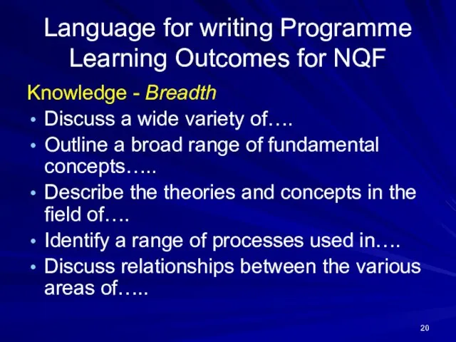 Language for writing Programme Learning Outcomes for NQF Knowledge - Breadth