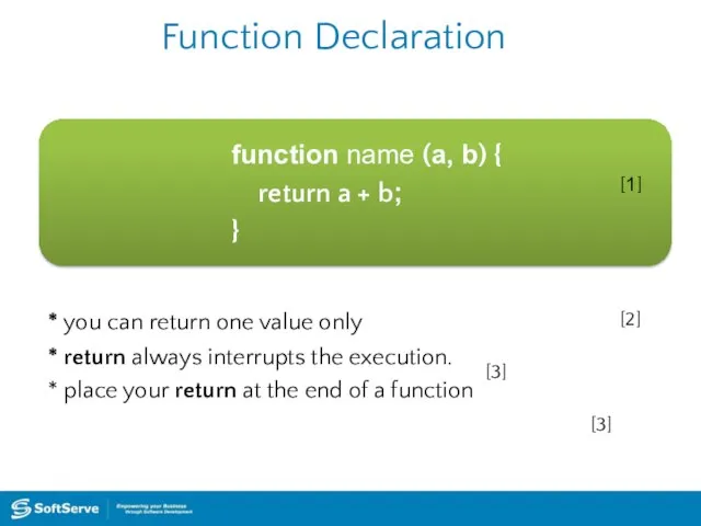 Function Declaration function name (a, b) { return a + b;