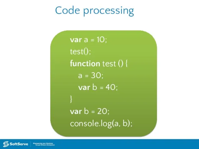 Code processing var a = 10; test(); function test () {