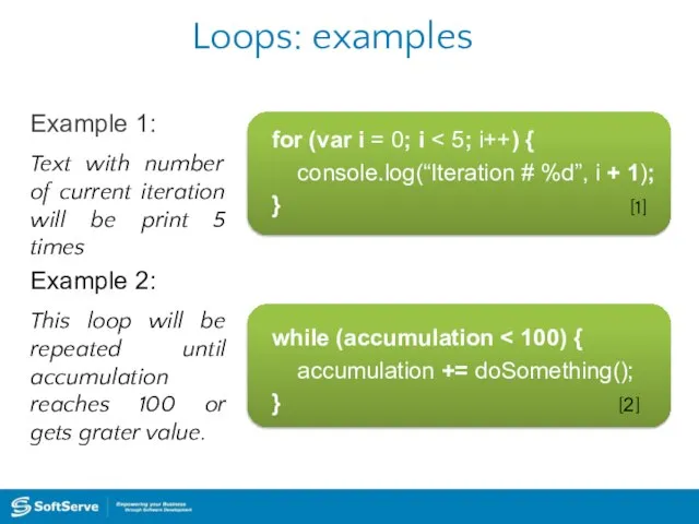 Loops: examples Example 1: for (var i = 0; i console.log(“Iteration