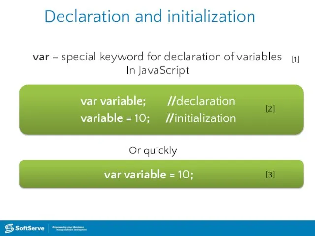 Declaration and initialization var – special keyword for declaration of variables