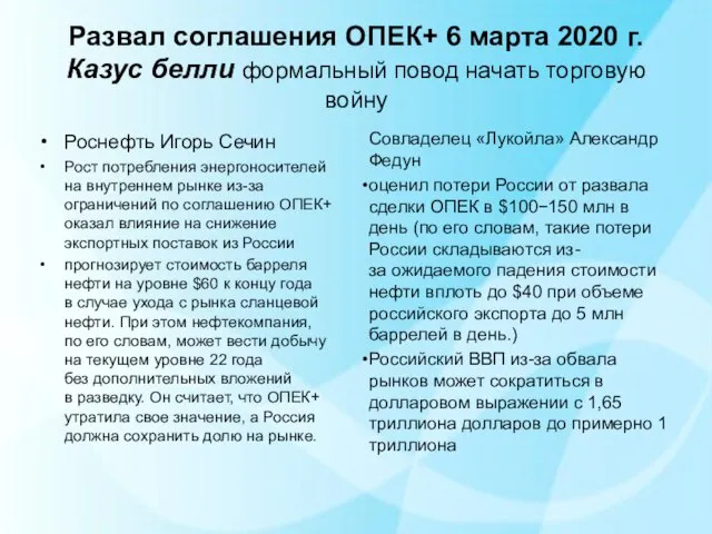 Развал соглашения ОПЕК+ 6 марта 2020 г. Казус белли формальный повод