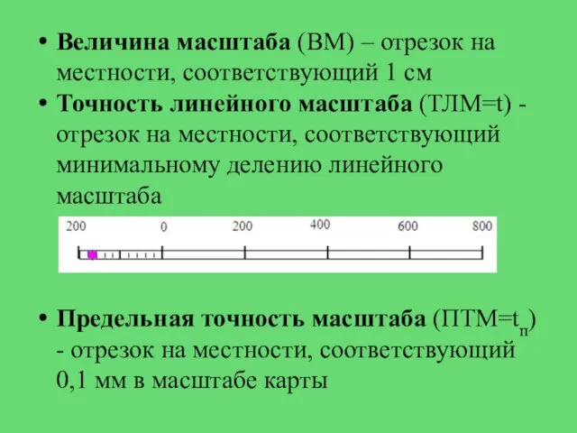 Величина масштаба (ВМ) – отрезок на местности, соответствующий 1 см Точность