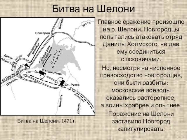 Битва на Шелони Главное сражение произошло на р. Шелони. Новгородцы попытались