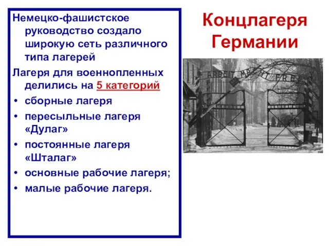 Концлагеря Германии Немецко-фашистское руководство создало широкую сеть различного типа лагерей Лагеря