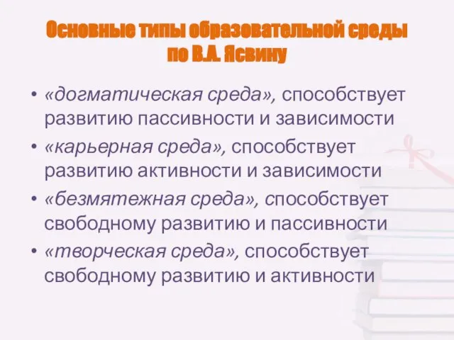 Основные типы образовательной среды по В.А. Ясвину «догматическая среда», способствует развитию