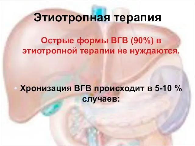 Этиотропная терапия Острые формы ВГВ (90%) в этиотропной терапии не нуждаются.