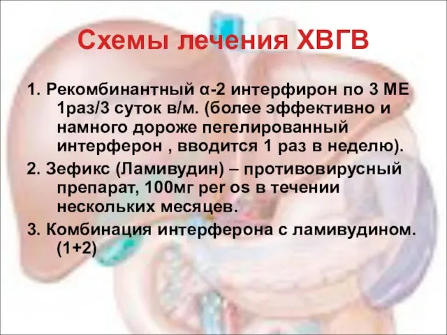 Схемы лечения ХВГВ 1. Рекомбинантный α-2 интерфирон по 3 МЕ 1раз/3