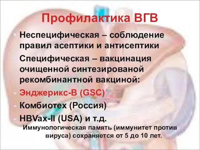 Профилактика ВГВ Неспецифическая – соблюдение правил асептики и антисептики Специфическая –