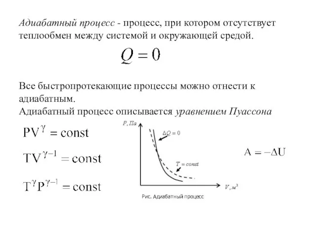 Адиабатный процесс - процесс, при котором отсутствует теплообмен между системой и