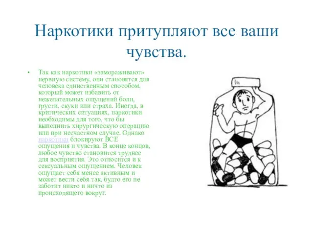 Наркотики притупляют все ваши чувства. Так как наркотики «замораживают» нервную систему,