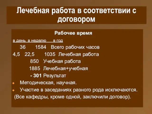 Лечебная работа в соответствии с договором Рабочее время в день в