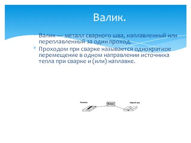 Валик. Валик — металл сварного шва, наплавленный или переплавленный за один