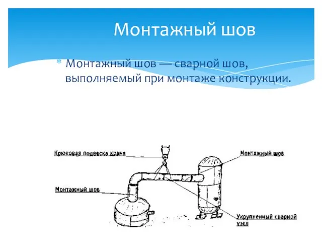 Монтажный шов Монтажный шов — сварной шов, выполняемый при монтаже конструкции.