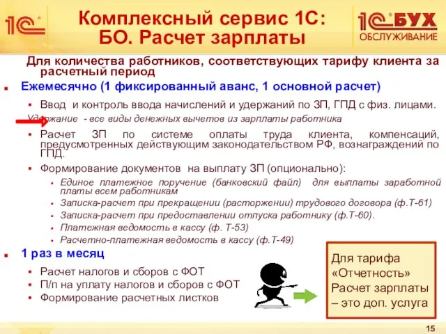 Комплексный сервис 1С:БО. Расчет зарплаты Для количества работников, соответствующих тарифу клиента