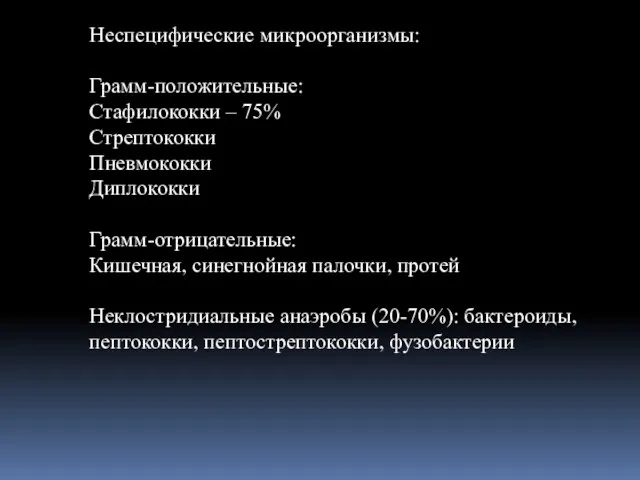 Неспецифические микроорганизмы: Грамм-положительные: Стафилококки – 75% Стрептококки Пневмококки Диплококки Грамм-отрицательные: Кишечная,