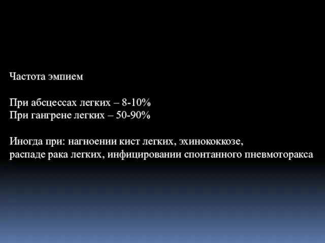 Частота эмпием При абсцессах легких – 8-10% При гангрене легких –