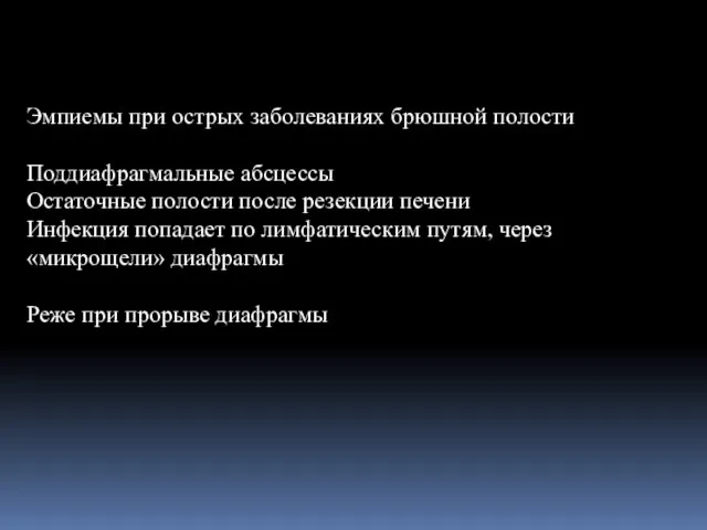 Эмпиемы при острых заболеваниях брюшной полости Поддиафрагмальные абсцессы Остаточные полости после