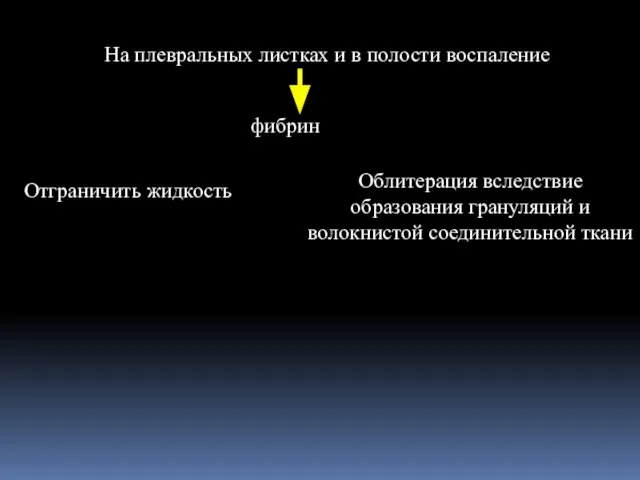 На плевральных листках и в полости воспаление Отграничить жидкость Облитерация вследствие