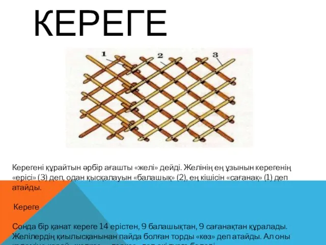 КЕРЕГЕ Керегені құрайтын әрбір ағашты «желі» дейді. Желінің ең ұзынын керегенің