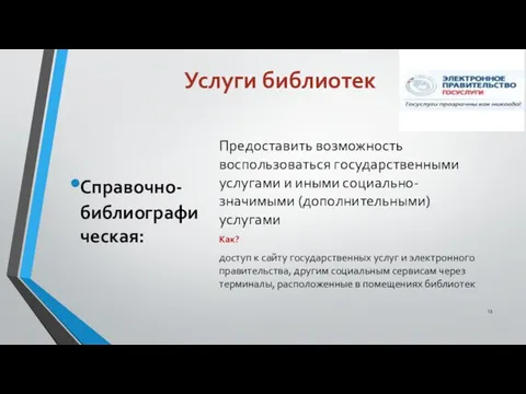 Услуги библиотек Справочно-библиографическая: Предоставить возможность воспользоваться государственными услугами и иными социально-значимыми