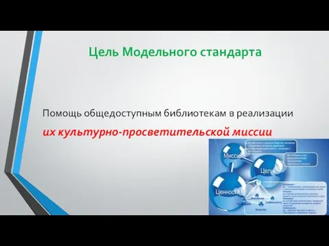 Цель Модельного стандарта Помощь общедоступным библиотекам в реализации их культурно-просветительской миссии