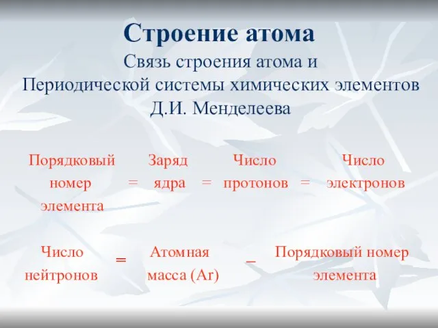 Строение атома Связь строения атома и Периодической системы химических элементов Д.И.