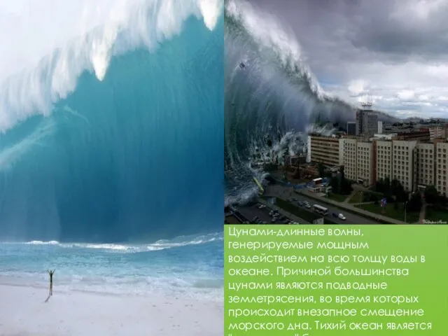 Цунами-длинные волны, генерируемые мощным воздействием на всю толщу воды в океане.