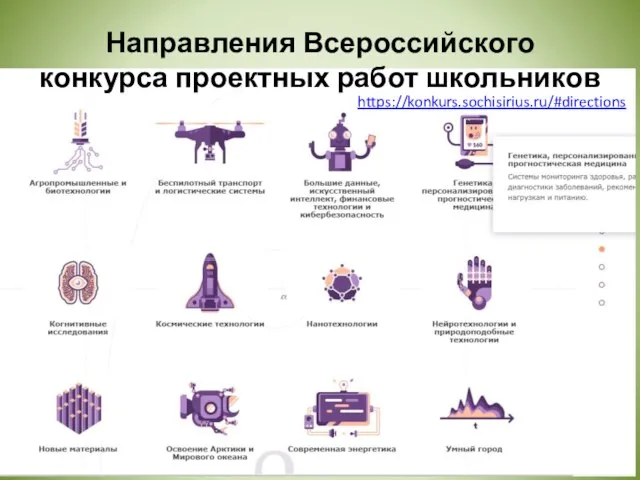 Направления Всероссийского конкурса проектных работ школьников https://konkurs.sochisirius.ru/#directions