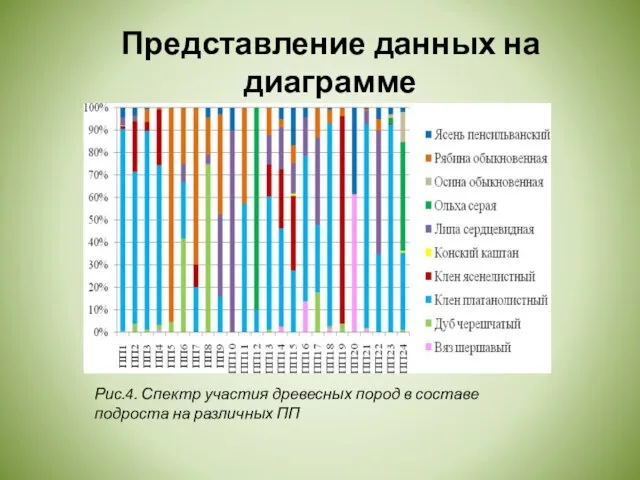 Рис.4. Спектр участия древесных пород в составе подроста на различных ПП Представление данных на диаграмме