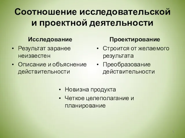 Соотношение исследовательской и проектной деятельности Исследование Результат заранее неизвестен Описание и