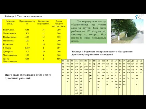 Таблица 1. Участки исследования При маршрутном методе обследовались все улицы одна