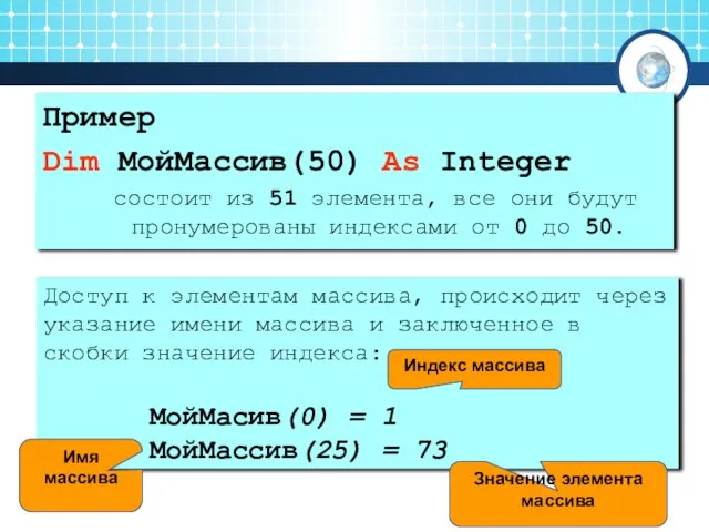 Пример Dim МойМассив(50) As Integer состоит из 51 элемента, все они