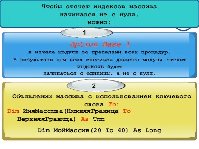 Чтобы отсчет индексов массива начинался не с нуля, можно: 1 способ