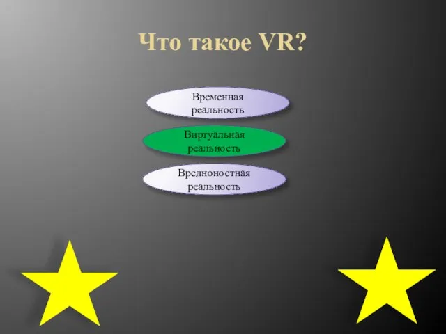 Что такое VR? Виртуальная реальность Временная реальность Вредноностная реальность