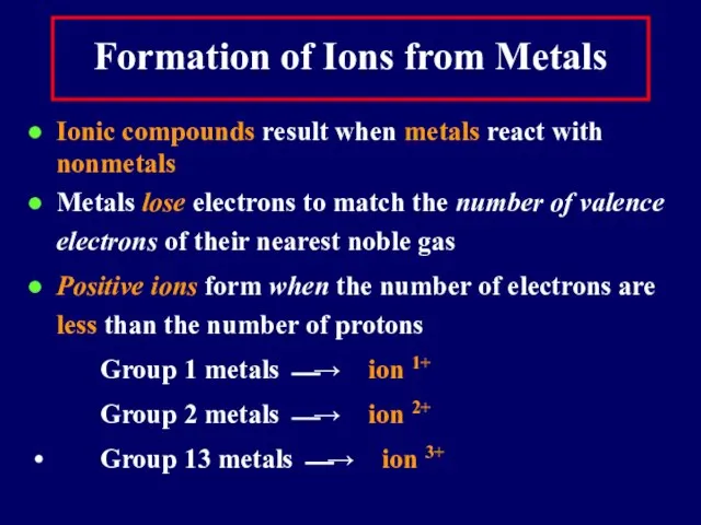 Formation of Ions from Metals Ionic compounds result when metals react