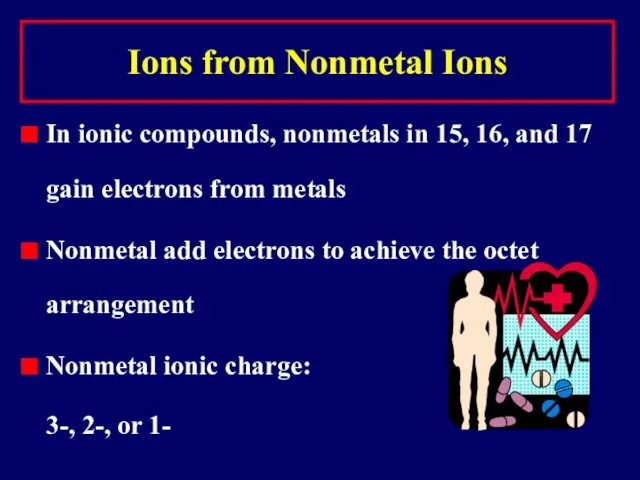 Ions from Nonmetal Ions In ionic compounds, nonmetals in 15, 16,