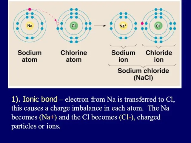 1). Ionic bond – electron from Na is transferred to Cl,