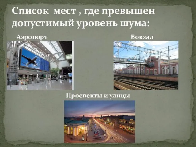 Список мест , где превышен допустимый уровень шума: Аэропорт Вокзал Проспекты и улицы