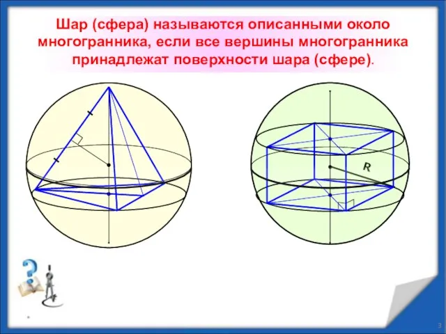 * Шар (сфера) называются описанными около многогранника, если все вершины многогранника принадлежат поверхности шара (сфере). R