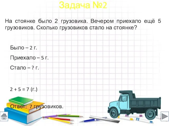 На стоянке было 2 грузовика. Вечером приехало ещё 5 грузовиков. Сколько