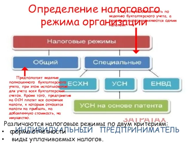 Определение налогового режима организации ИНДИВИДУАЛЬНЫЙ ПРЕДПРИНИМАТЕЛЬ ПРИБЫЛЬ НАЛОГ НА ПРИБЫЛЬ НАЛОГИ