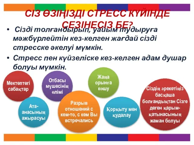 СІЗ ӨЗІҢІЗДІ СТРЕСС КҮЙІНДЕ СЕЗІНЕСІЗ БЕ? Сізді толғандырып, уайым тудыруға мәжбүрлейтін