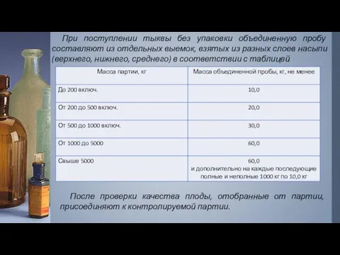 При поступлении тыквы без упаковки объединенную пробу составляют из отдельных выемок,