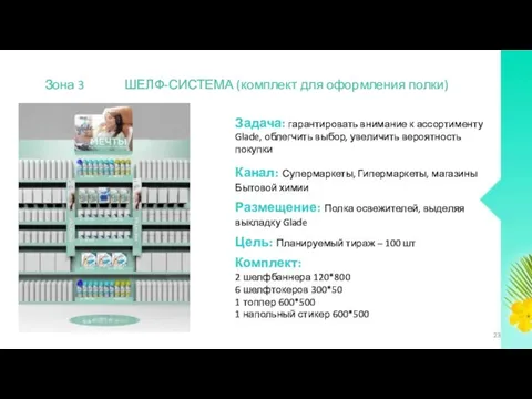 Задача: гарантировать внимание к ассортименту Glade, облегчить выбор, увеличить вероятность покупки