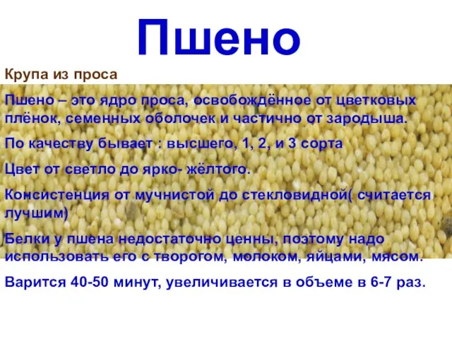 Пшено Крупа из проса Пшено – это ядро проса, освобождённое от