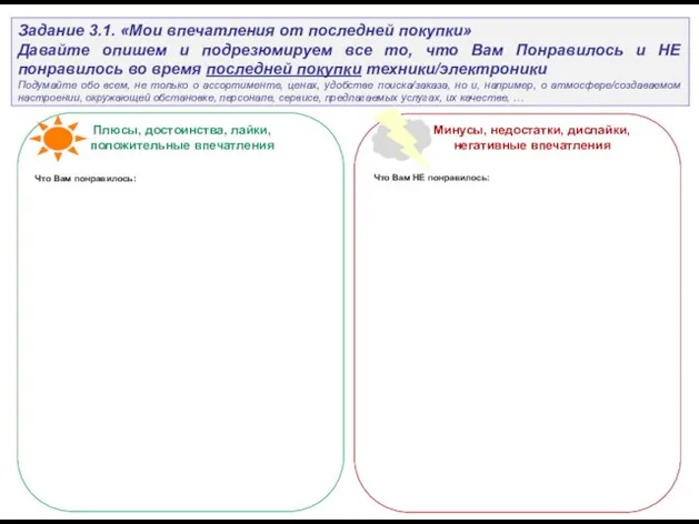 Задание 3.1. «Мои впечатления от последней покупки» Давайте опишем и подрезюмируем