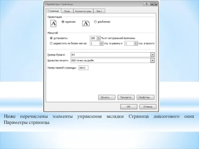 Ниже перечислены элементы управления вкладки Страница диалогового окна Параметры страницы.