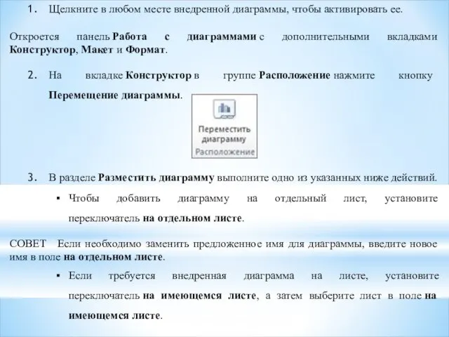 Щелкните в любом месте внедренной диаграммы, чтобы активировать ее. Откроется панель