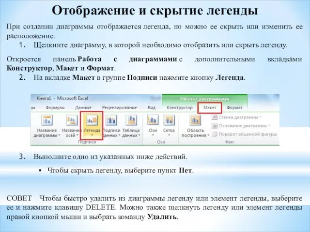 Отображение и скрытие легенды При создании диаграммы отображается легенда, но можно